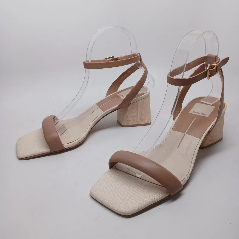 Dolce Vita Tan Wood‎ Block Heel Sandals Square Toe Ankle Strap Womens Size 8